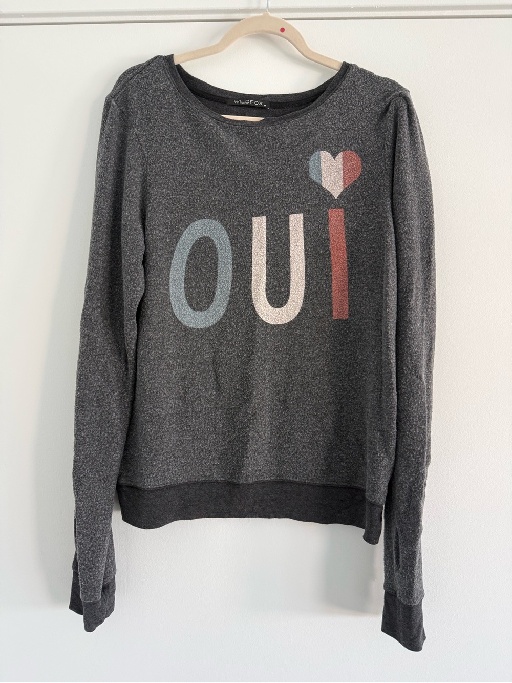 Wildfox Charcoal Crewneck Sweater with 'OUI' Graphic in Blue, Cream & Red